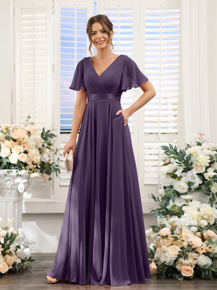 A-Line V-Neck Short Sleeves Chiffon Bridesmaid Dresses with Pockets Grape