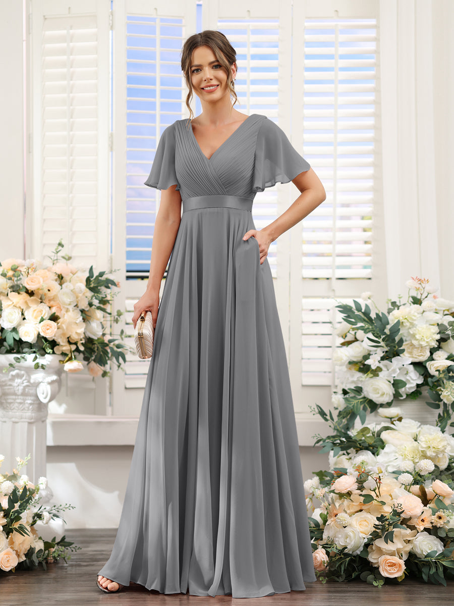 A-Line V-Neck Short Sleeves Chiffon Bridesmaid Dresses with Pockets Gray