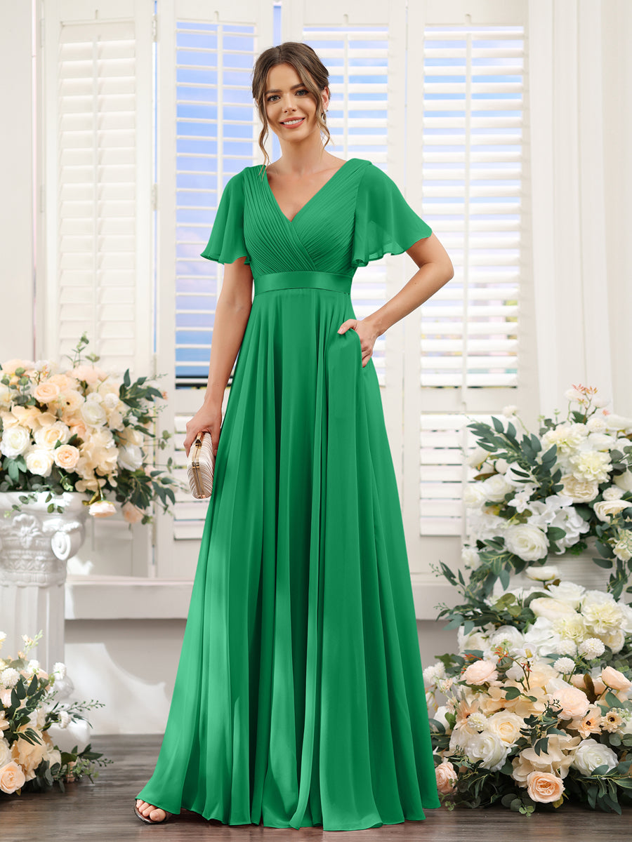 A-Line V-Neck Short Sleeves Chiffon Bridesmaid Dresses with Pockets Green