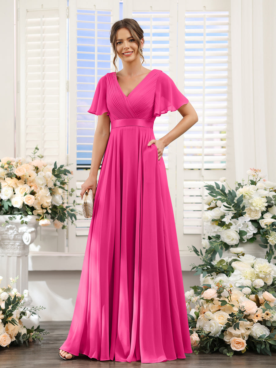 A-Line V-Neck Short Sleeves Chiffon Bridesmaid Dresses with Pockets Hot Pink