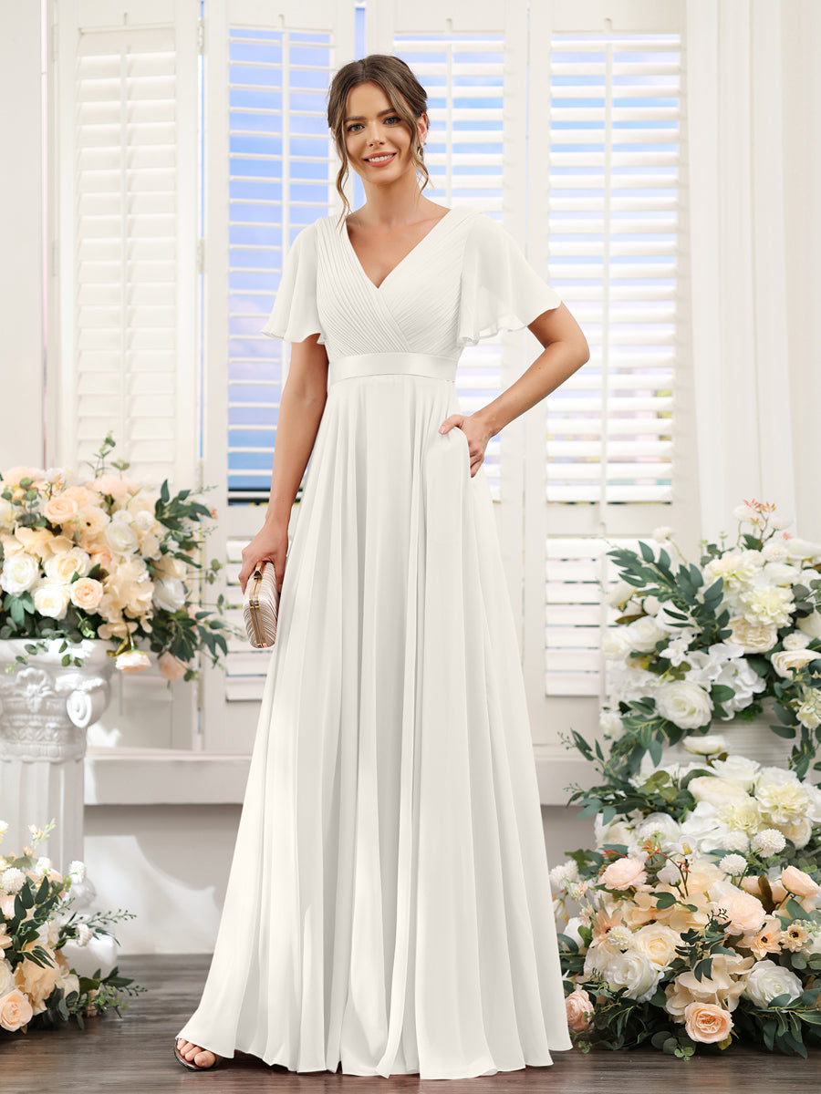 A-Line V-Neck Short Sleeves Chiffon Bridesmaid Dresses with Pockets Ivory
