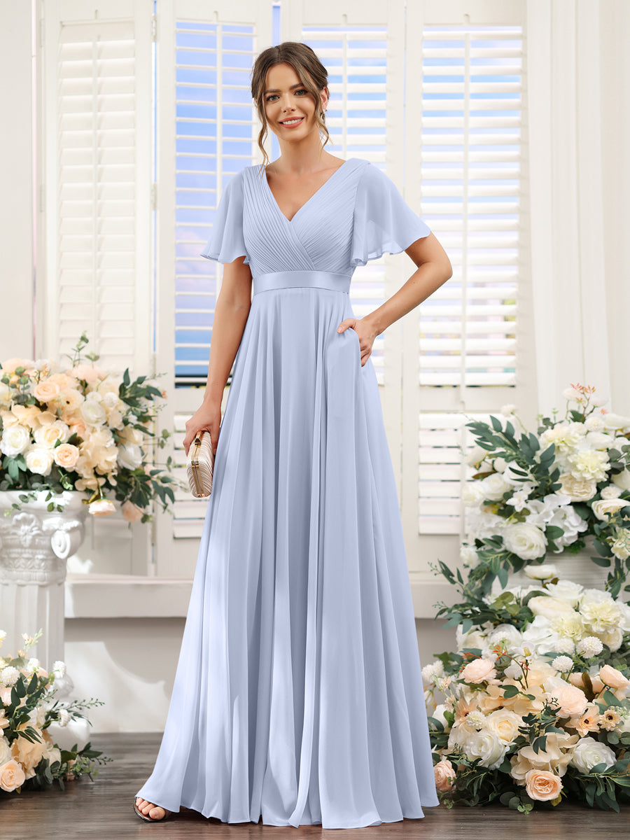 A-Line V-Neck Short Sleeves Chiffon Bridesmaid Dresses with Pockets Lavender