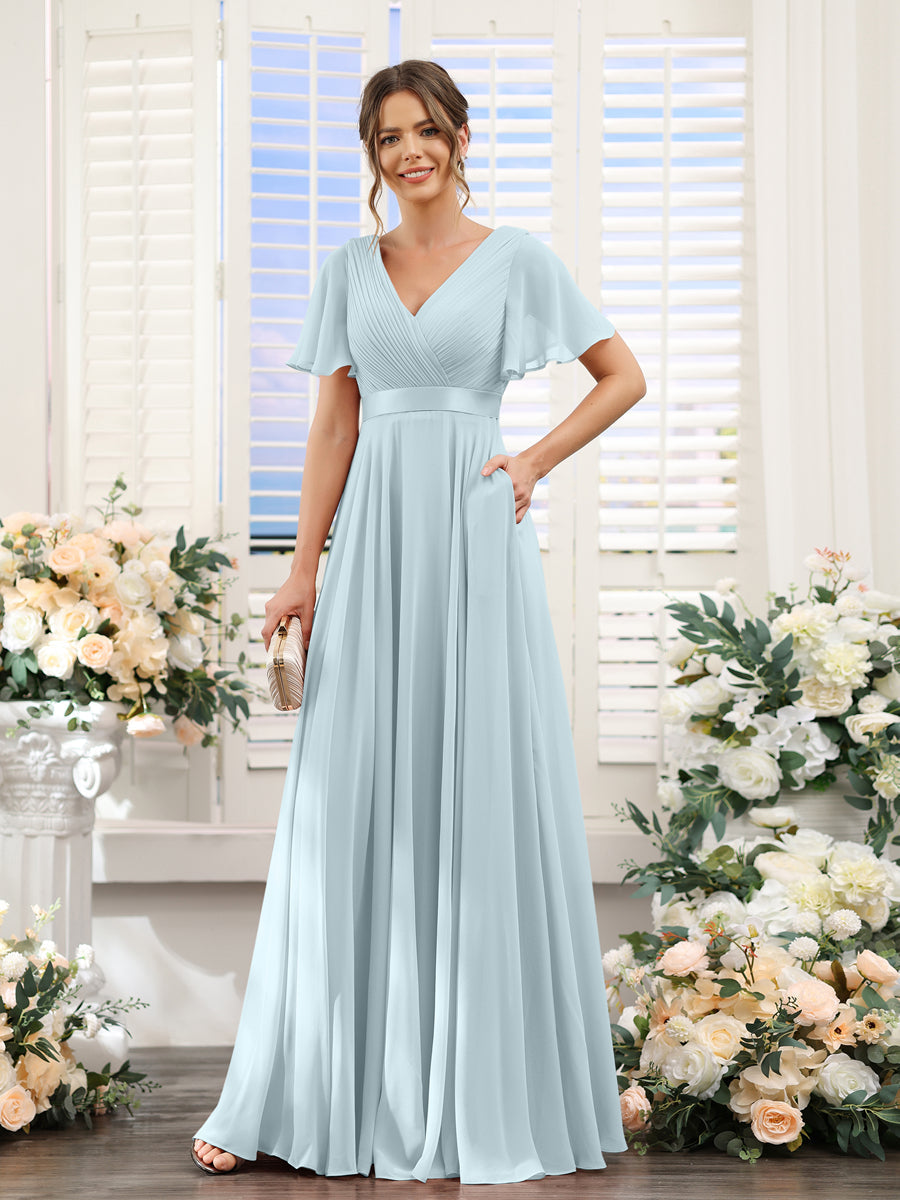 A-Line V-Neck Short Sleeves Chiffon Bridesmaid Dresses with Pockets Light Blue