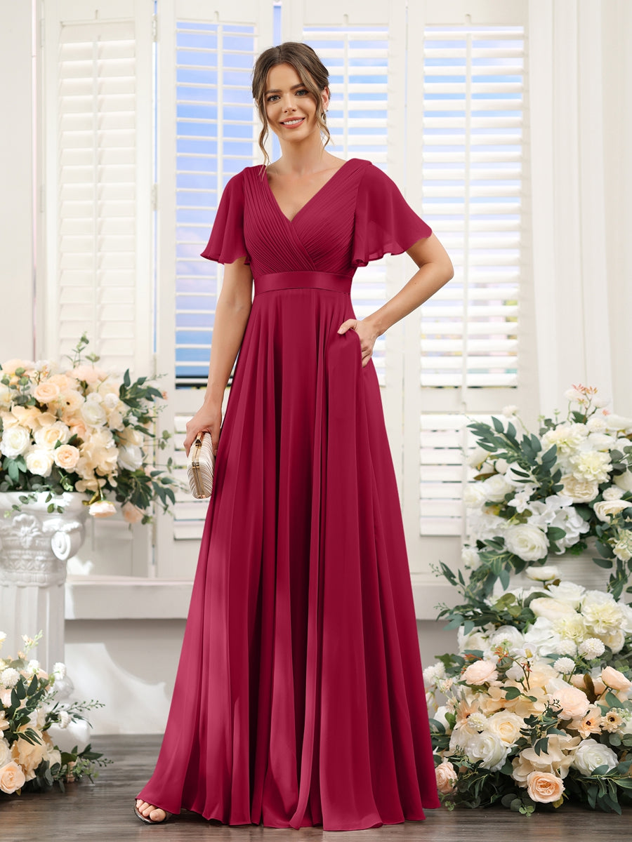 A-Line V-Neck Short Sleeves Chiffon Bridesmaid Dresses with Pockets Light Burgundy