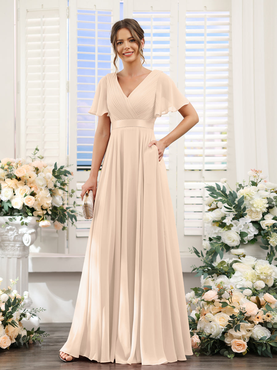 A-Line V-Neck Short Sleeves Chiffon Bridesmaid Dresses with Pockets Light Champagne