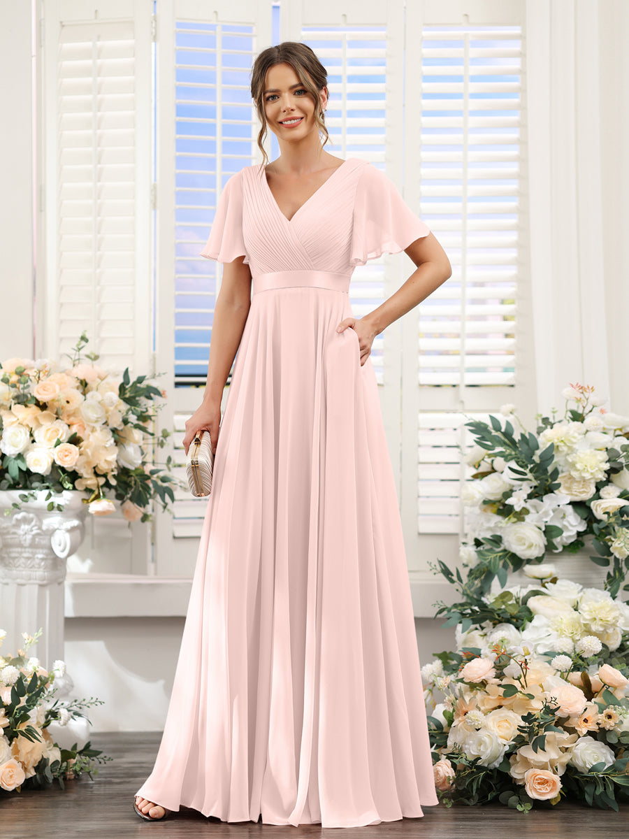 A-Line V-Neck Short Sleeves Chiffon Bridesmaid Dresses with Pockets Light Pink