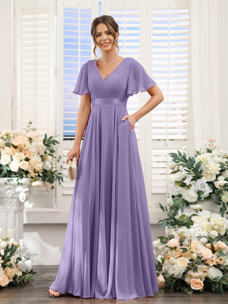A-Line V-Neck Short Sleeves Chiffon Bridesmaid Dresses with Pockets Light Purple