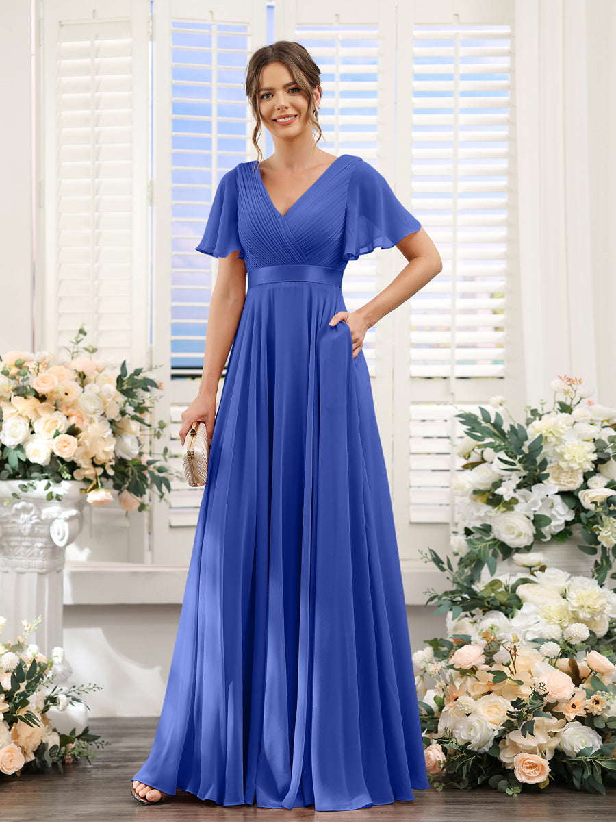A-Line V-Neck Short Sleeves Chiffon Bridesmaid Dresses with Pockets Light Royal Blue