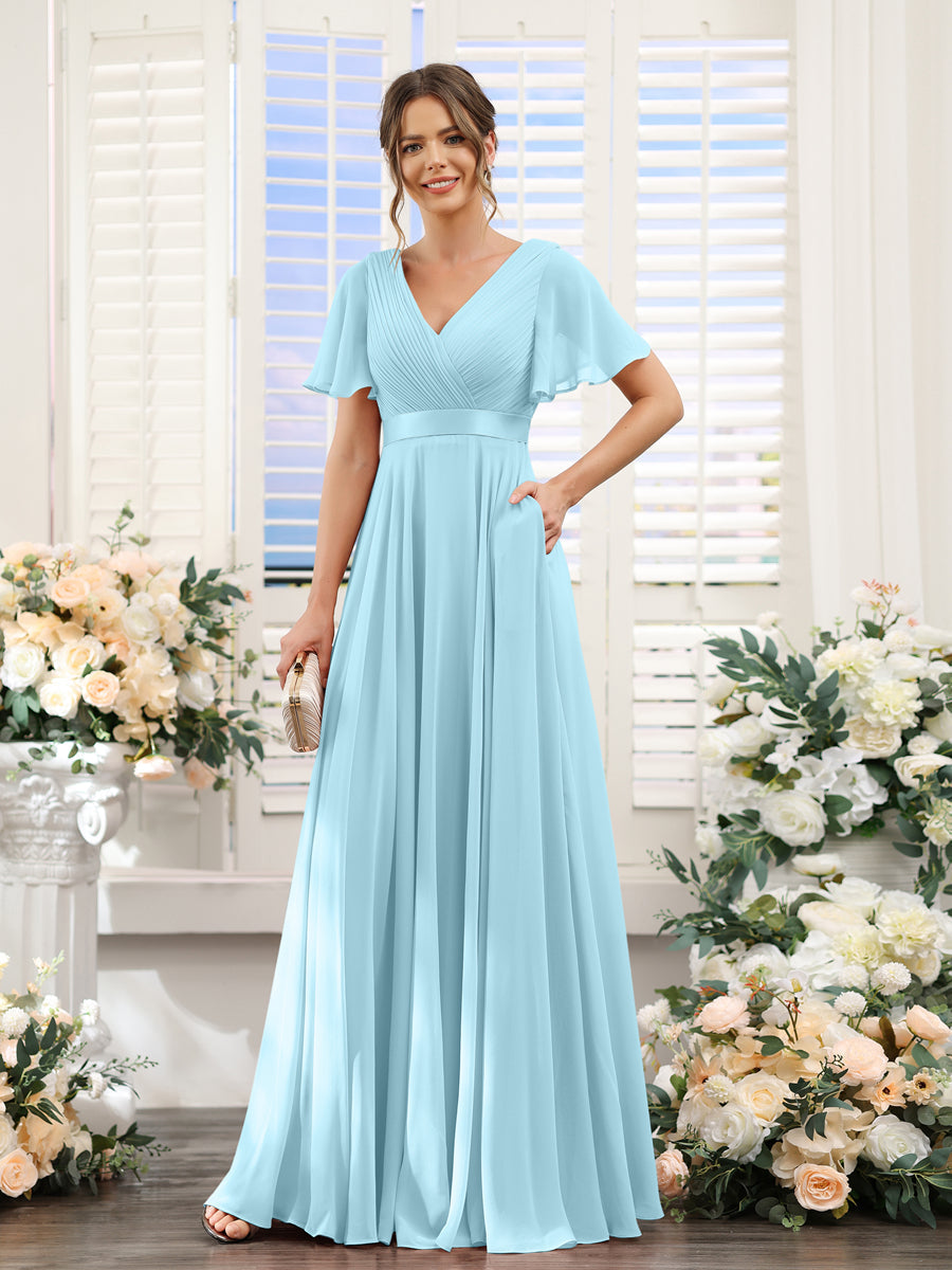 A-Line V-Neck Short Sleeves Chiffon Bridesmaid Dresses with Pockets Light Sky Blue