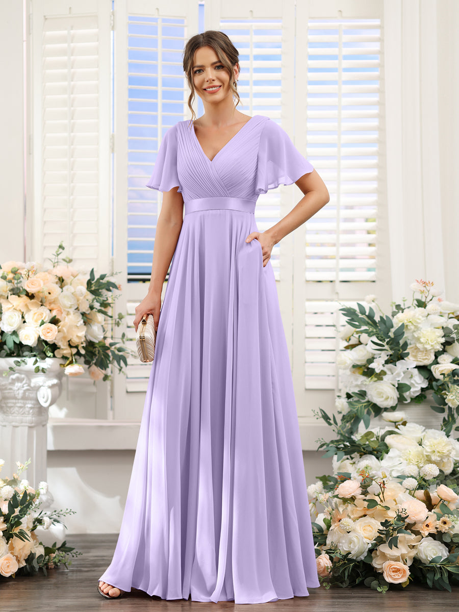 A-Line V-Neck Short Sleeves Chiffon Bridesmaid Dresses with Pockets Lilac
