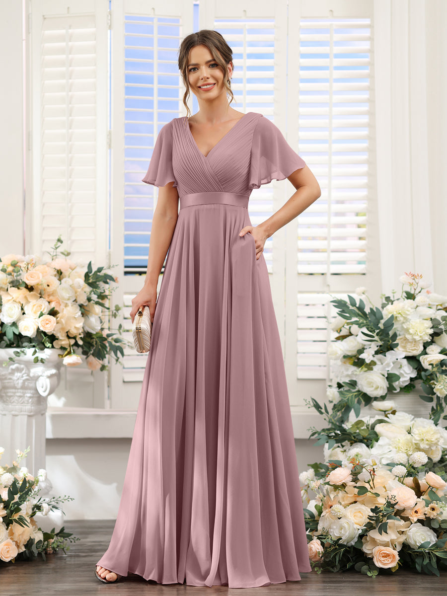 A-Line V-Neck Short Sleeves Chiffon Bridesmaid Dresses with Pockets Mauve