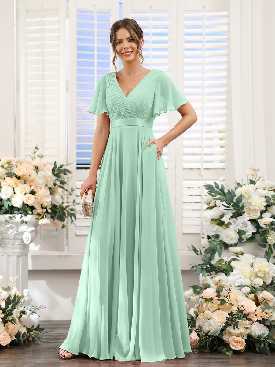 A-Line V-Neck Short Sleeves Chiffon Bridesmaid Dresses with Pockets Mint Green