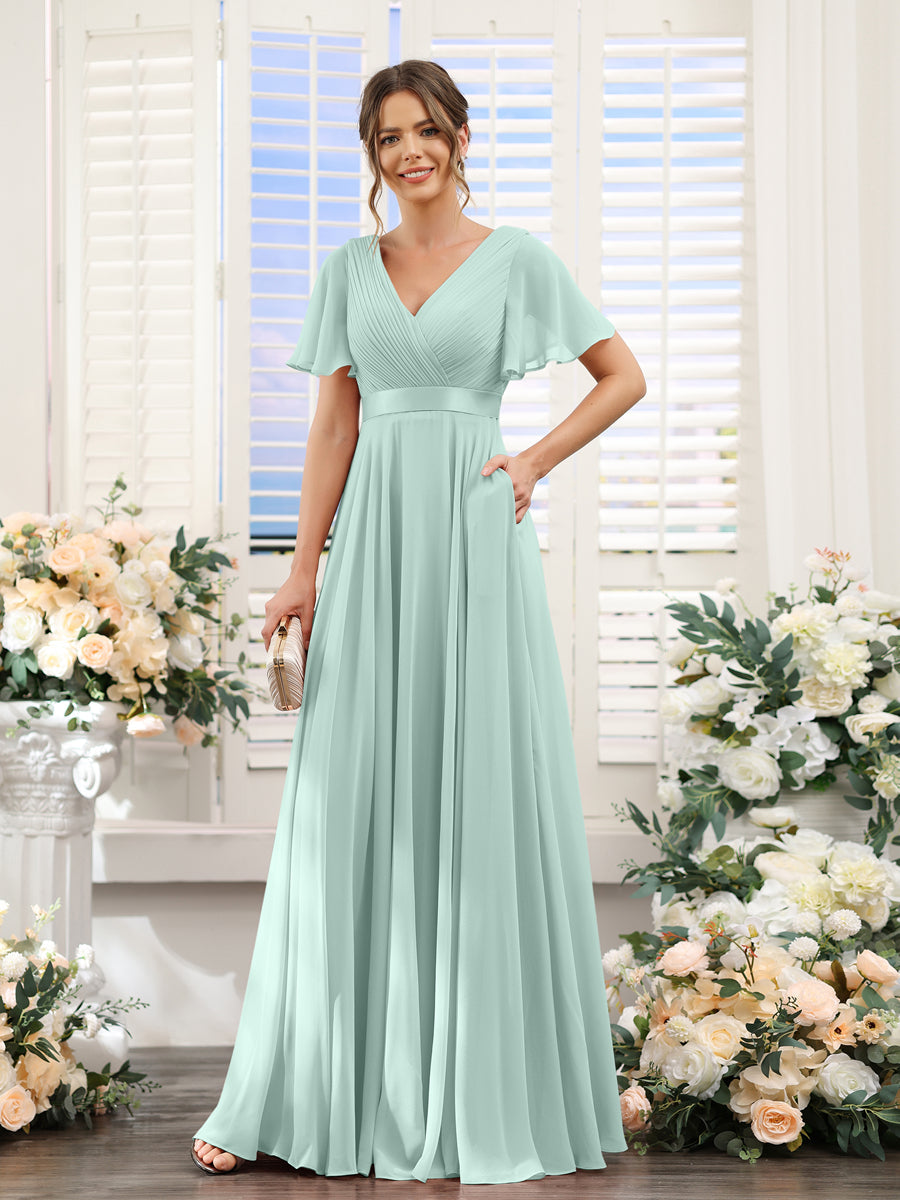 A-Line V-Neck Short Sleeves Chiffon Bridesmaid Dresses with Pockets Mist Blue