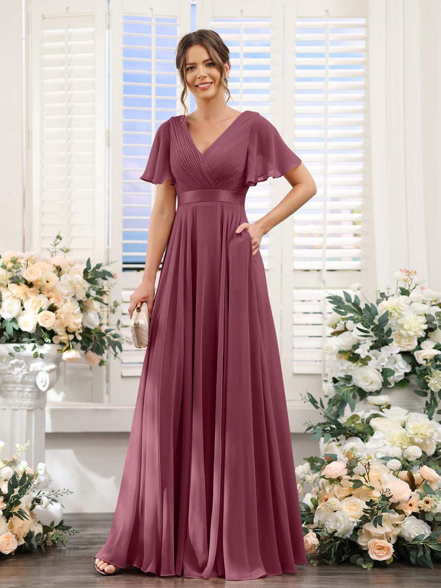 A-Line V-Neck Short Sleeves Chiffon Bridesmaid Dresses with Pockets Mulberry