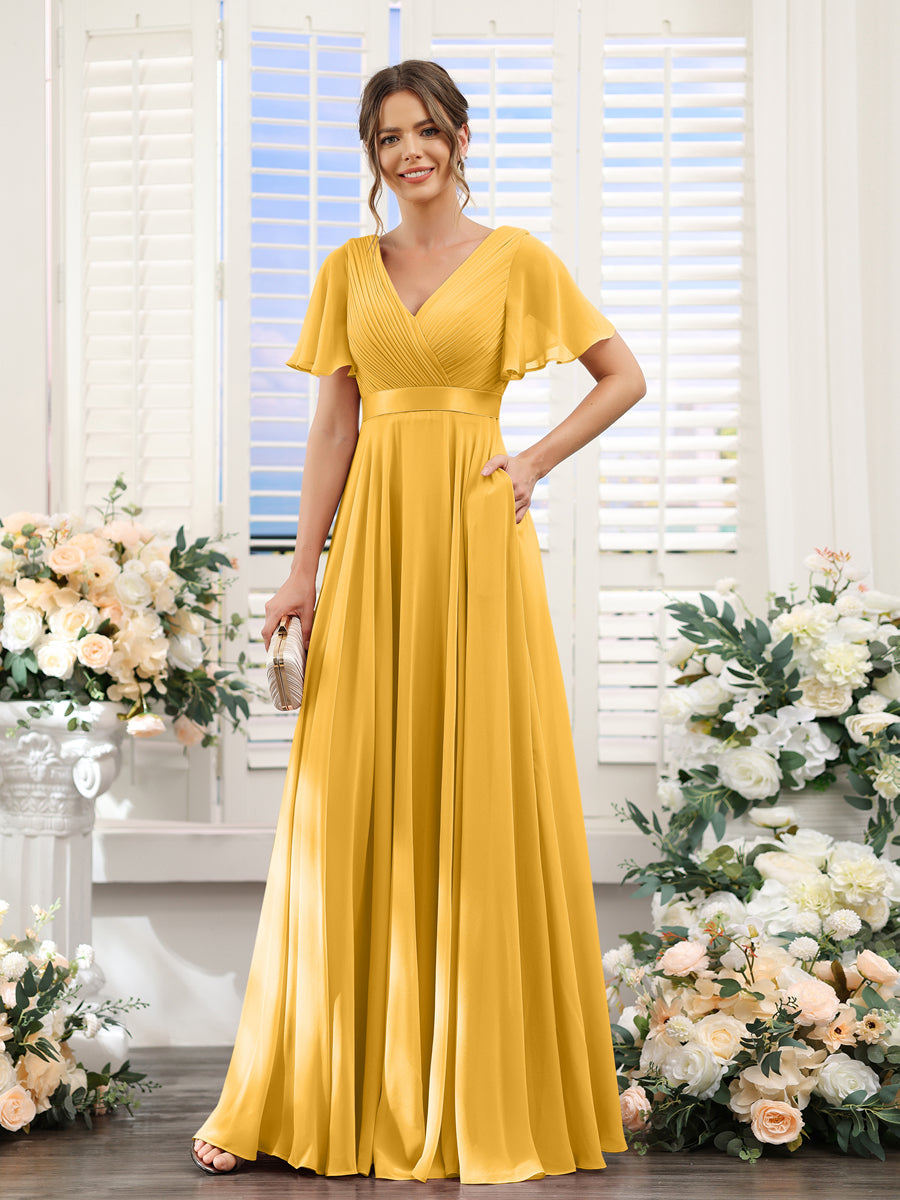 A-Line V-Neck Short Sleeves Chiffon Bridesmaid Dresses with Pockets Mustard Yellow