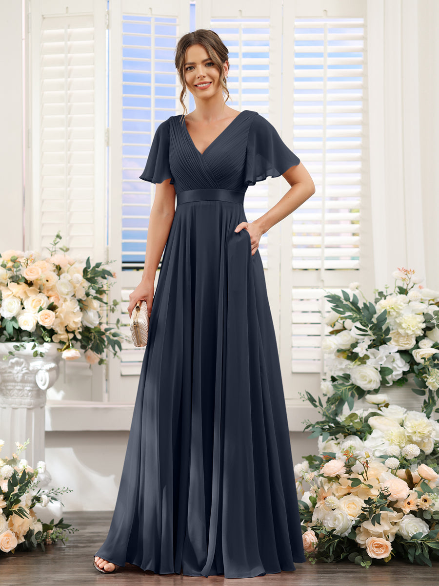 A-Line V-Neck Short Sleeves Chiffon Bridesmaid Dresses with Pockets Navy Blue