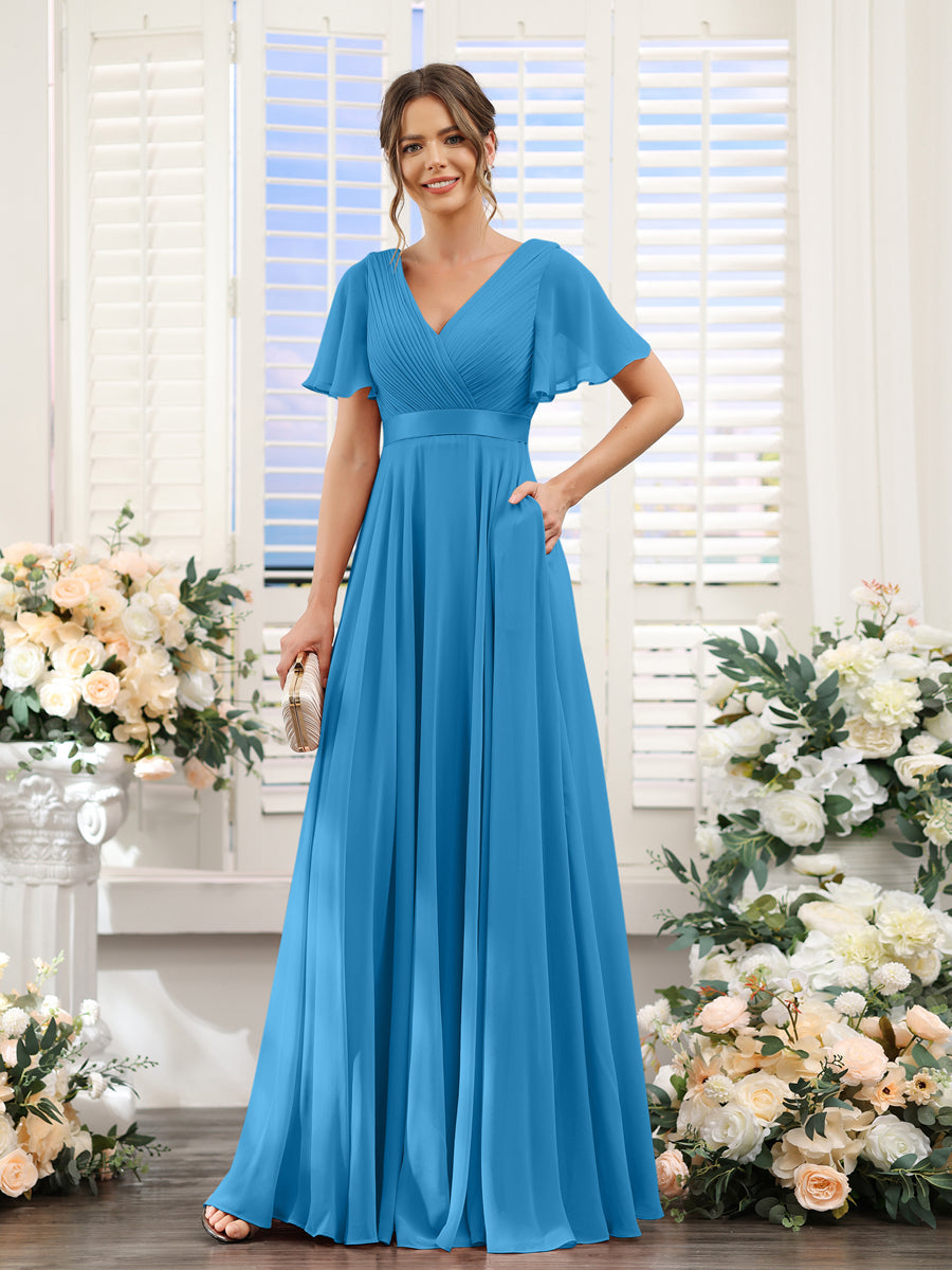 A-Line V-Neck Short Sleeves Chiffon Bridesmaid Dresses with Pockets Ocean Blue