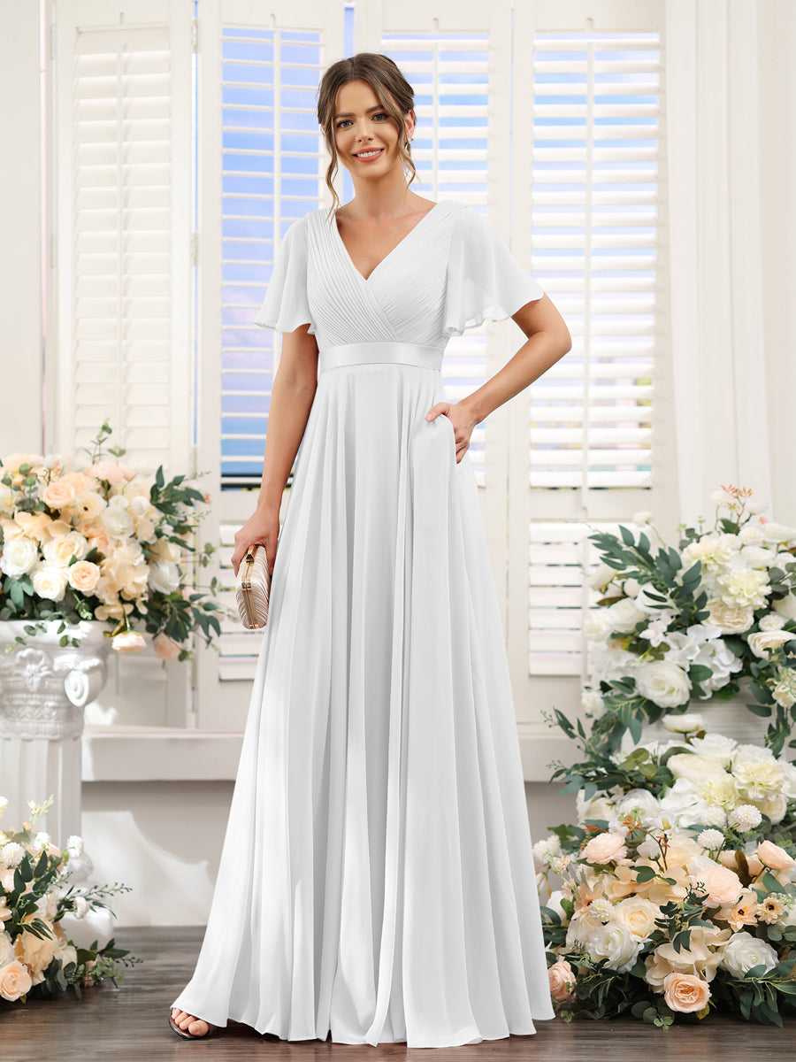 A-Line V-Neck Short Sleeves Chiffon Bridesmaid Dresses with Pockets Off White