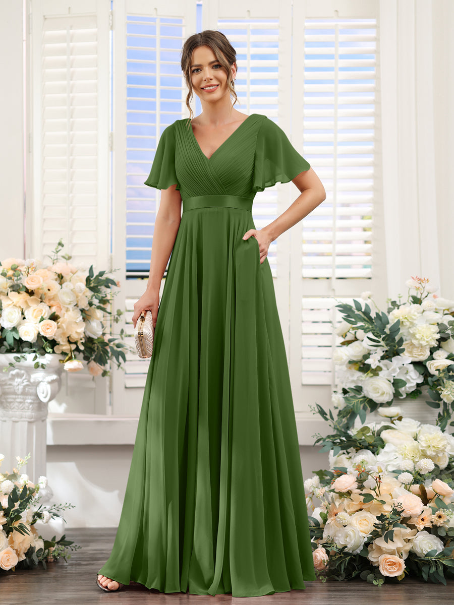 A-Line V-Neck Short Sleeves Chiffon Bridesmaid Dresses with Pockets Olive Green
