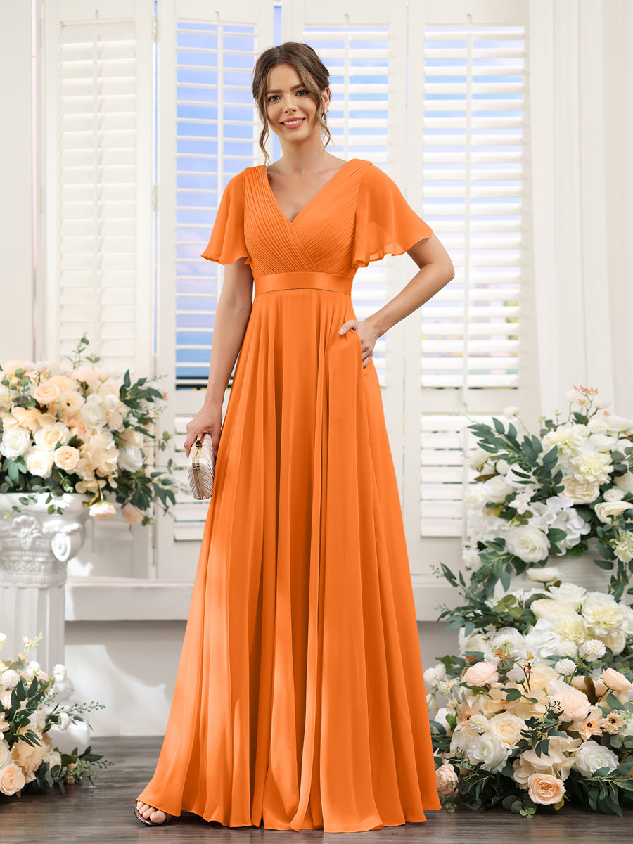 A-Line V-Neck Short Sleeves Chiffon Bridesmaid Dresses with Pockets Orange