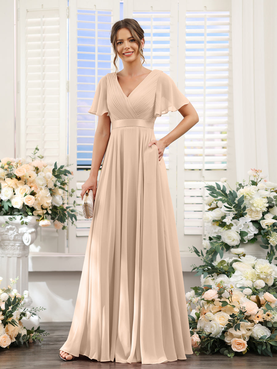 A-Line V-Neck Short Sleeves Chiffon Bridesmaid Dresses with Pockets Peach Pink