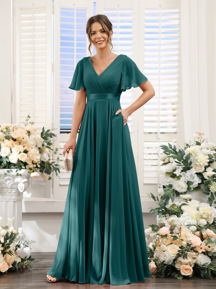 A-Line V-Neck Short Sleeves Chiffon Bridesmaid Dresses with Pockets Peacock