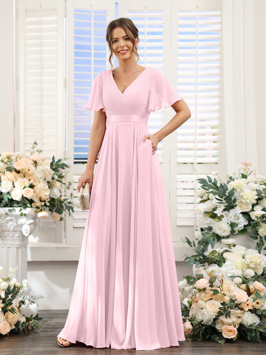 A-Line V-Neck Short Sleeves Chiffon Bridesmaid Dresses with Pockets Pink