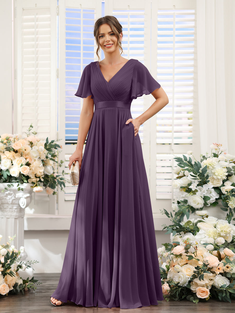 A-Line V-Neck Short Sleeves Chiffon Bridesmaid Dresses with Pockets Plum