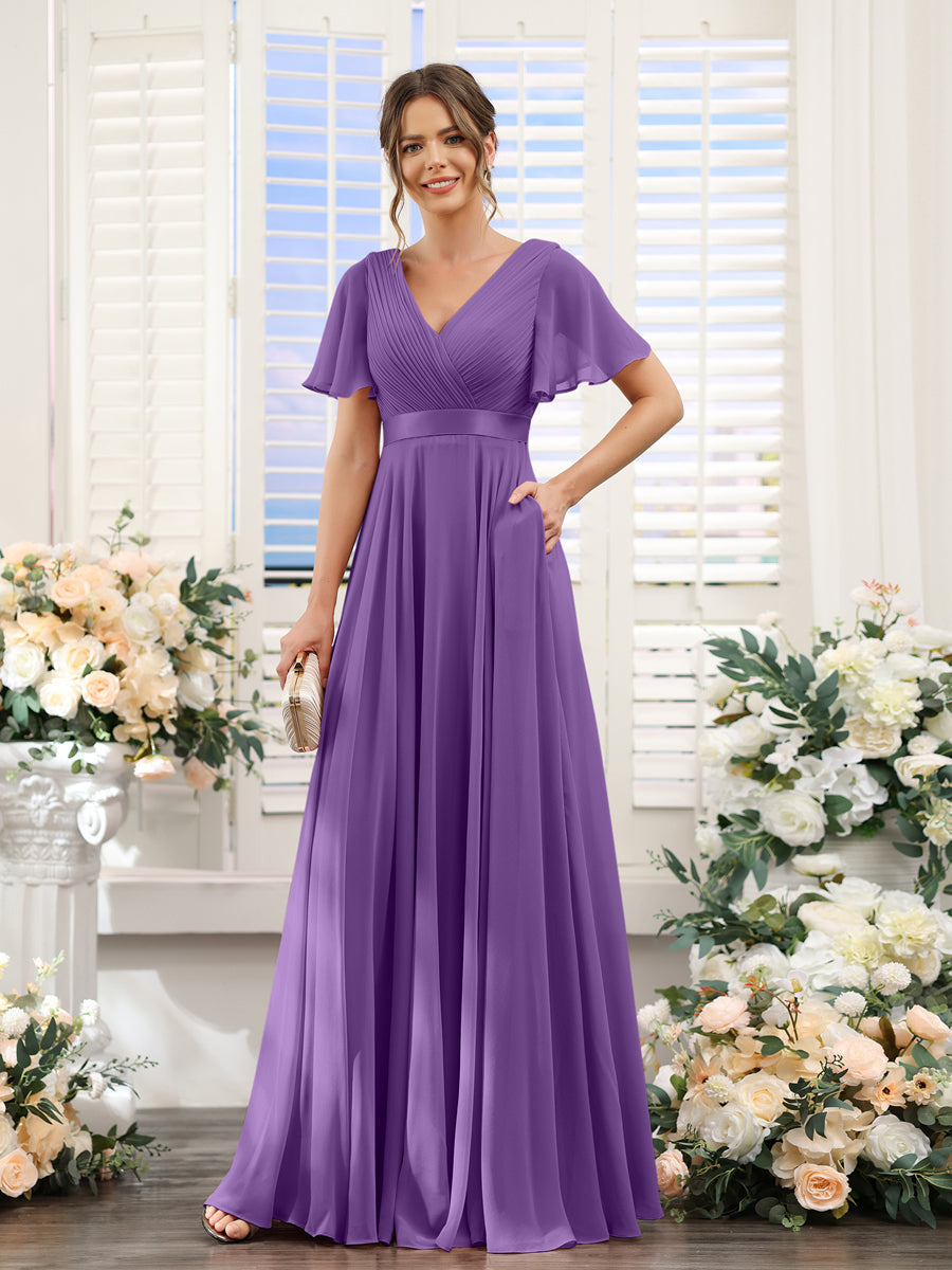 A-Line V-Neck Short Sleeves Chiffon Bridesmaid Dresses with Pockets Purple