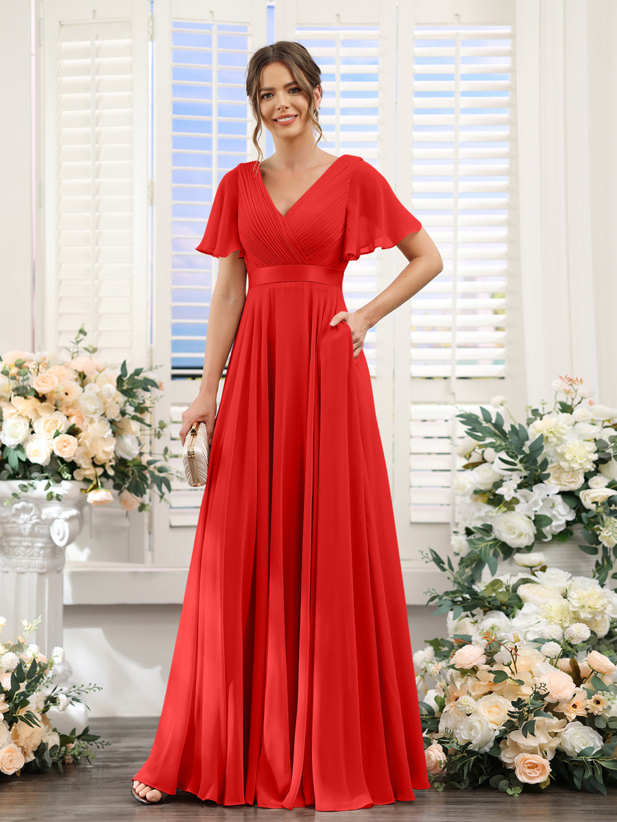 A-Line V-Neck Short Sleeves Chiffon Bridesmaid Dresses with Pockets Red
