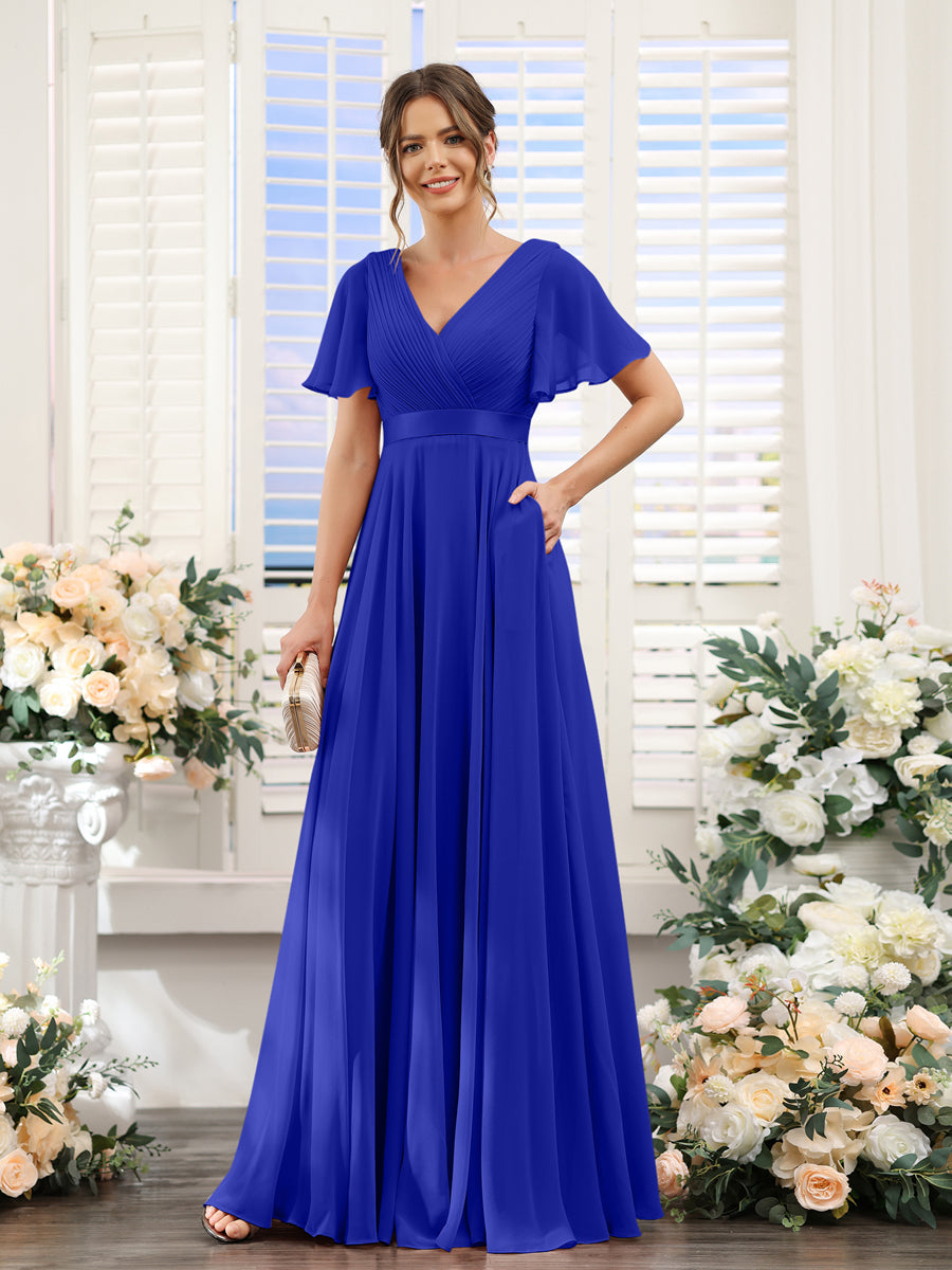 A-Line V-Neck Short Sleeves Chiffon Bridesmaid Dresses with Pockets Royal Blue