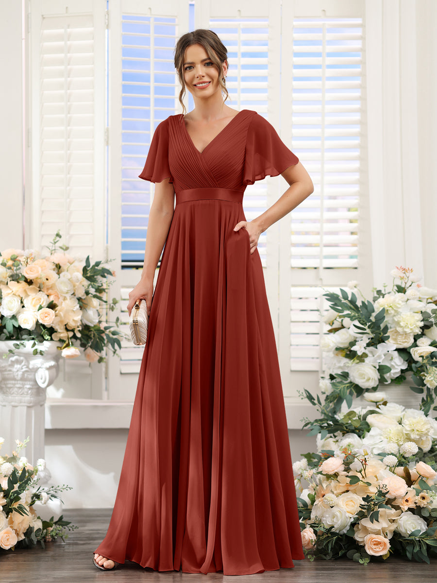 A-Line V-Neck Short Sleeves Chiffon Bridesmaid Dresses with Pockets Rust