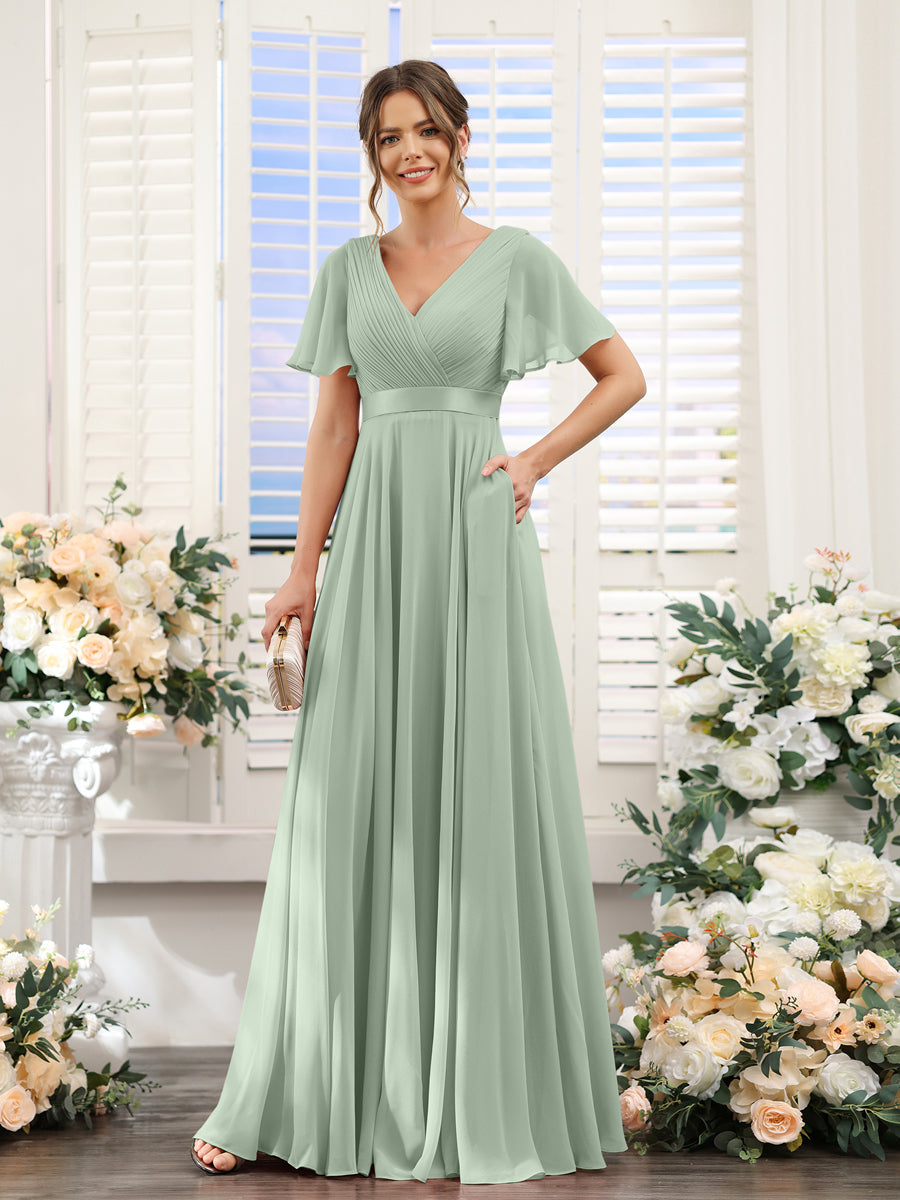 A-Line V-Neck Short Sleeves Chiffon Bridesmaid Dresses with Pockets Sage