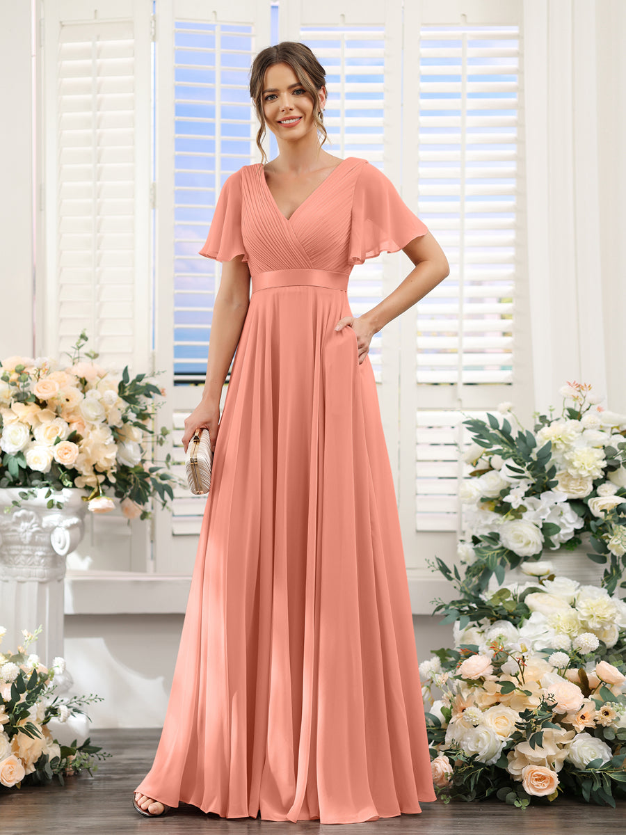 A-Line V-Neck Short Sleeves Chiffon Bridesmaid Dresses with Pockets Salmon