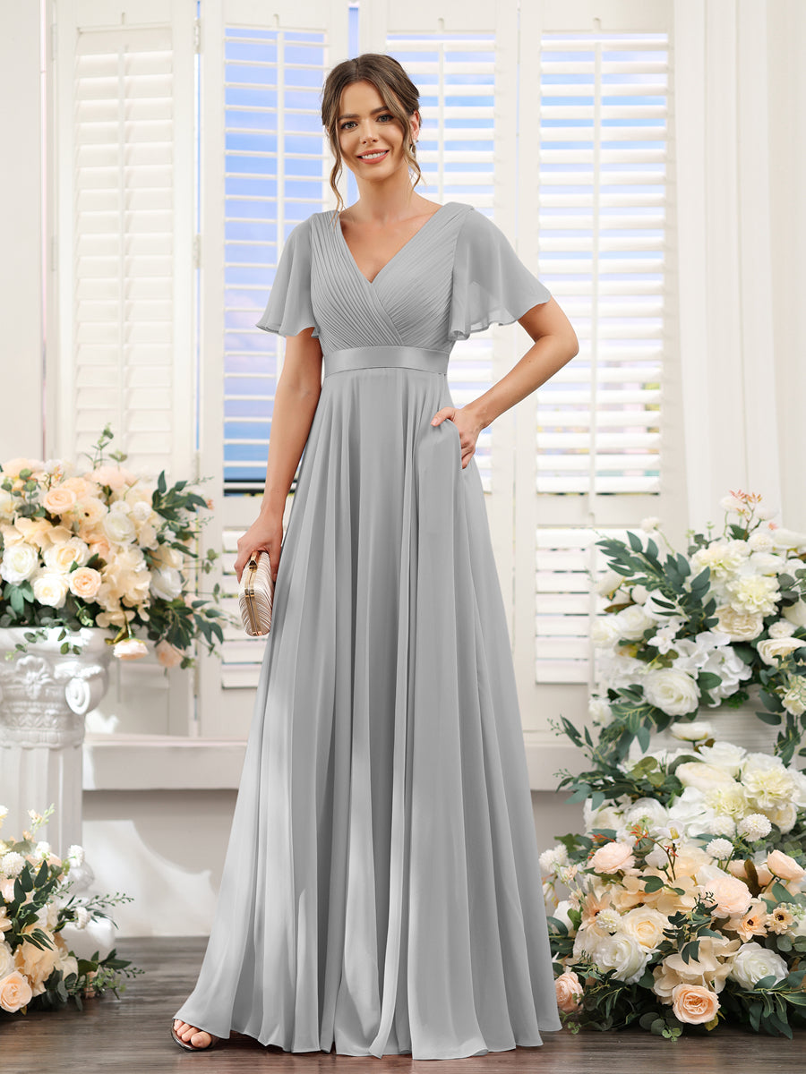 A-Line V-Neck Short Sleeves Chiffon Bridesmaid Dresses with Pockets Silver