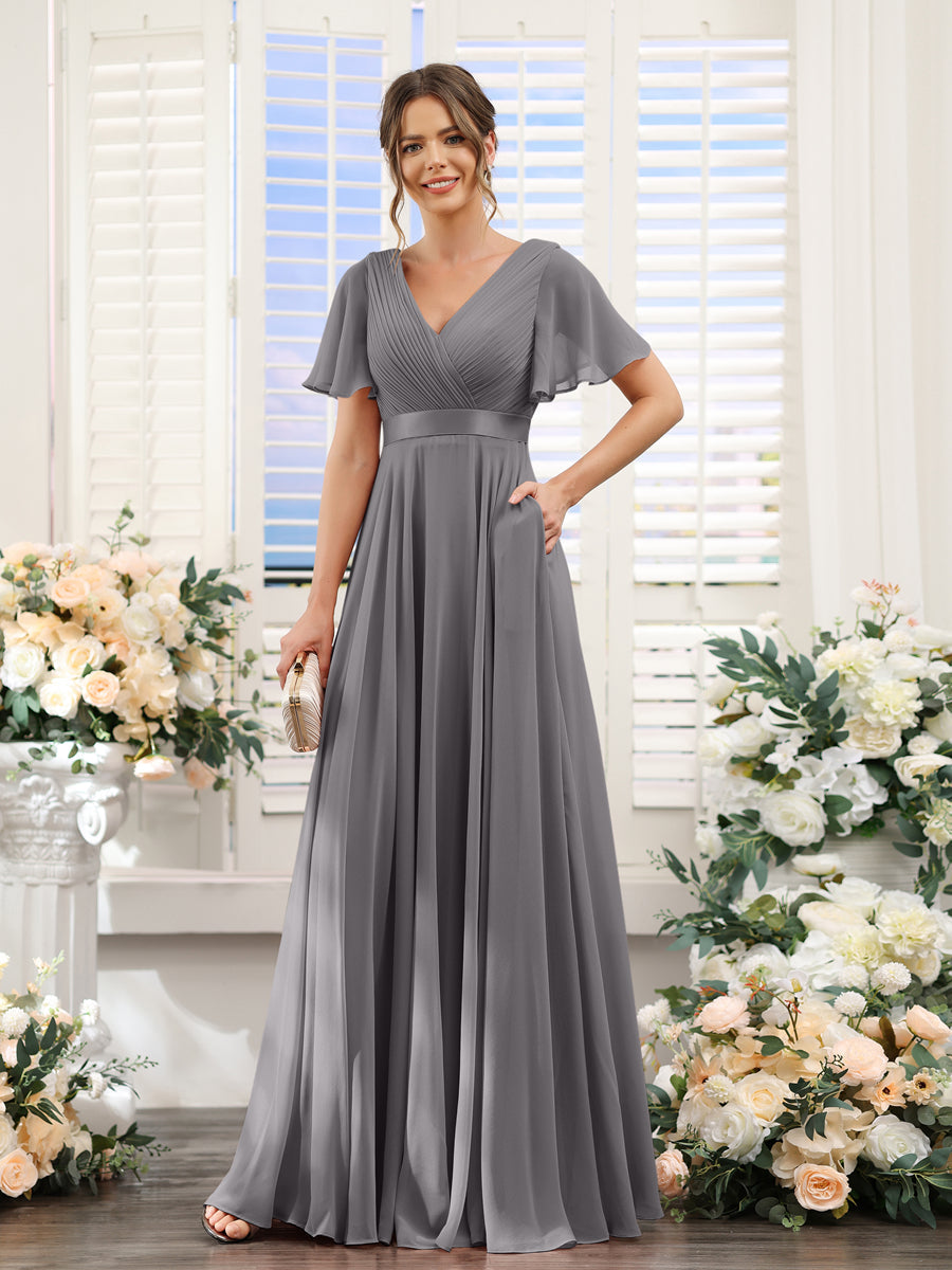 A-Line V-Neck Short Sleeves Chiffon Bridesmaid Dresses with Pockets Silver Gray