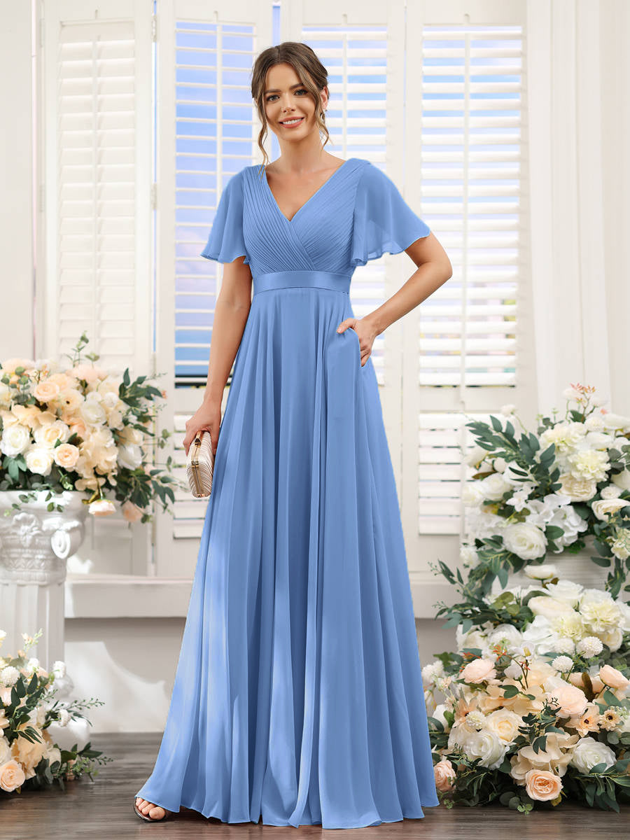 A-Line V-Neck Short Sleeves Chiffon Bridesmaid Dresses with Pockets Sky Blue