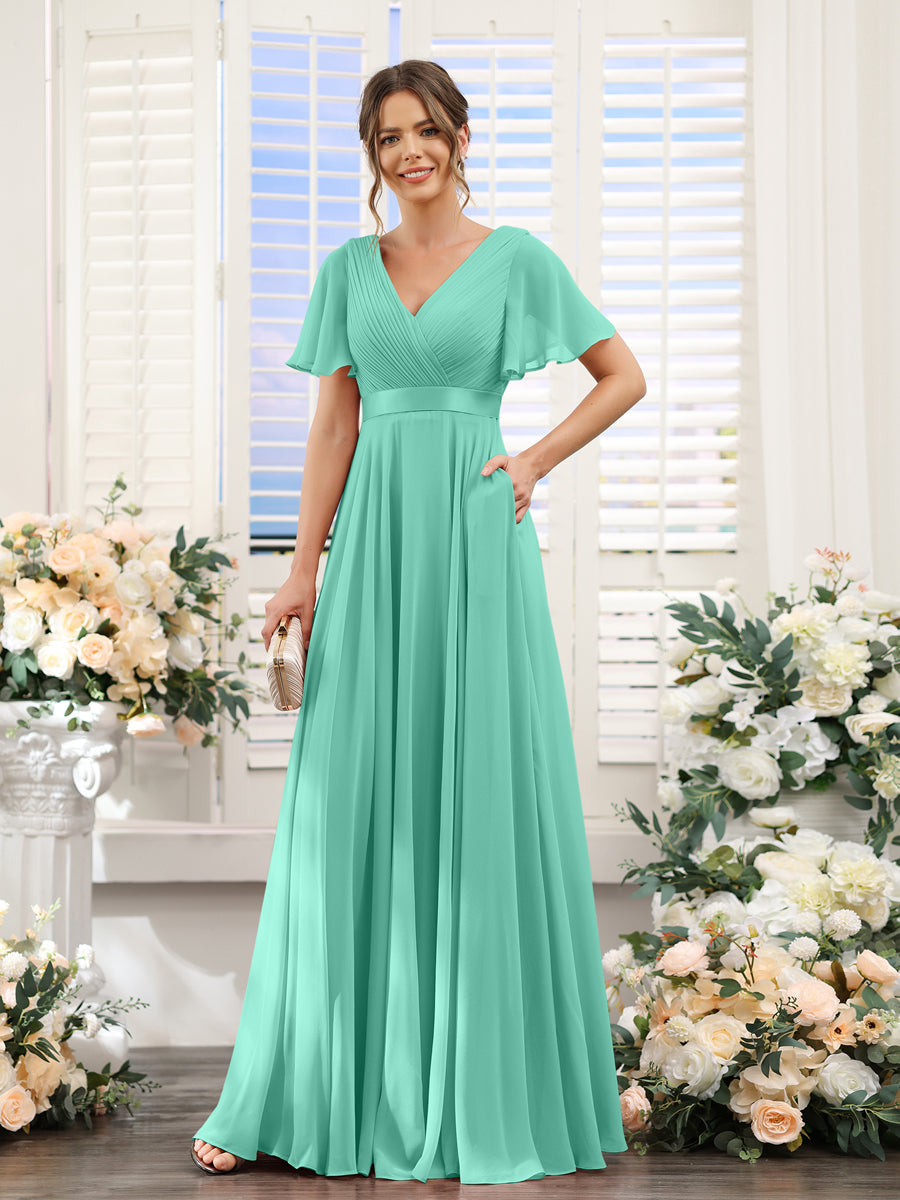 A-Line V-Neck Short Sleeves Chiffon Bridesmaid Dresses with Pockets Spa
