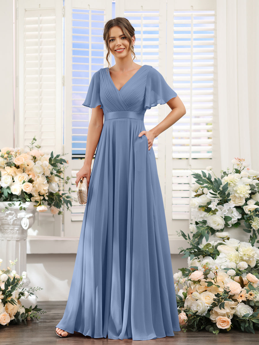 A-Line V-Neck Short Sleeves Chiffon Bridesmaid Dresses with Pockets Steel Blue