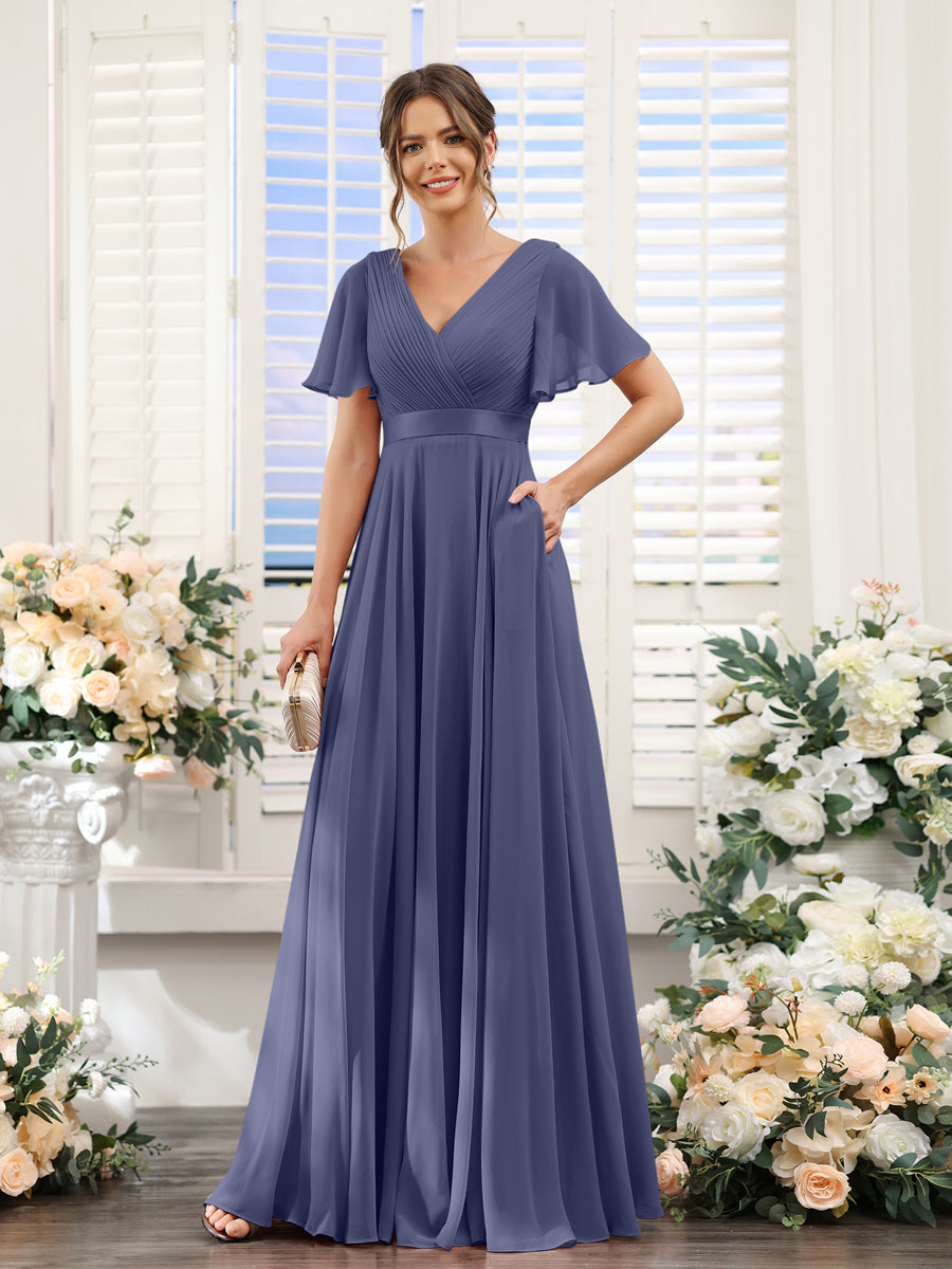 A-Line V-Neck Short Sleeves Chiffon Bridesmaid Dresses with Pockets Stormy Blue