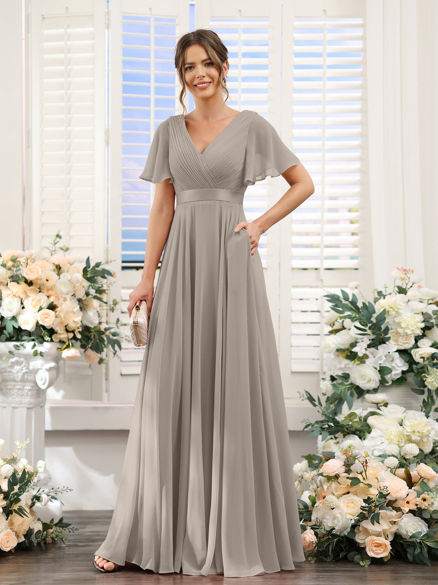 A-Line V-Neck Short Sleeves Chiffon Bridesmaid Dresses with Pockets Taupe
