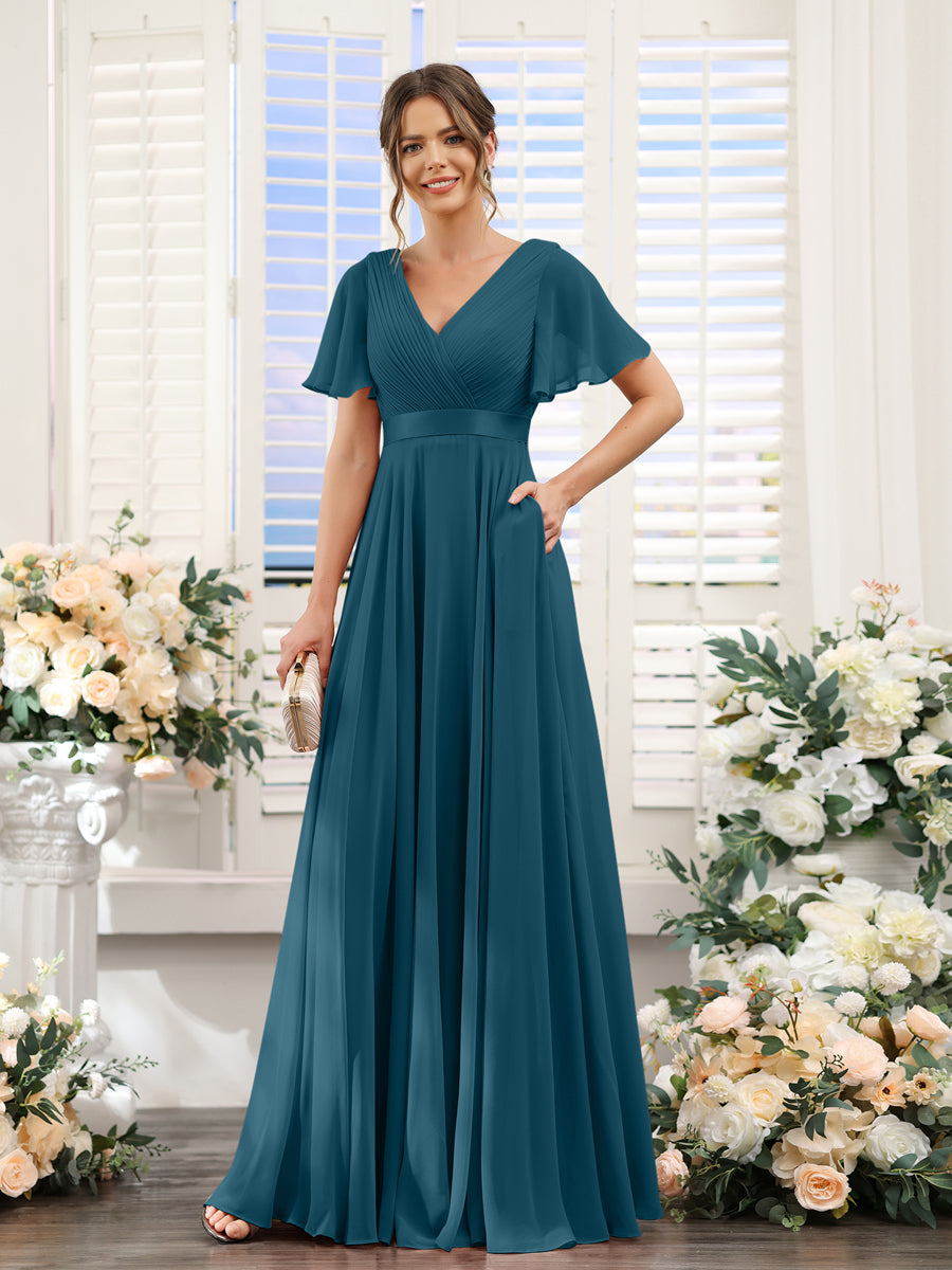 A-Line V-Neck Short Sleeves Chiffon Bridesmaid Dresses with Pockets Teal