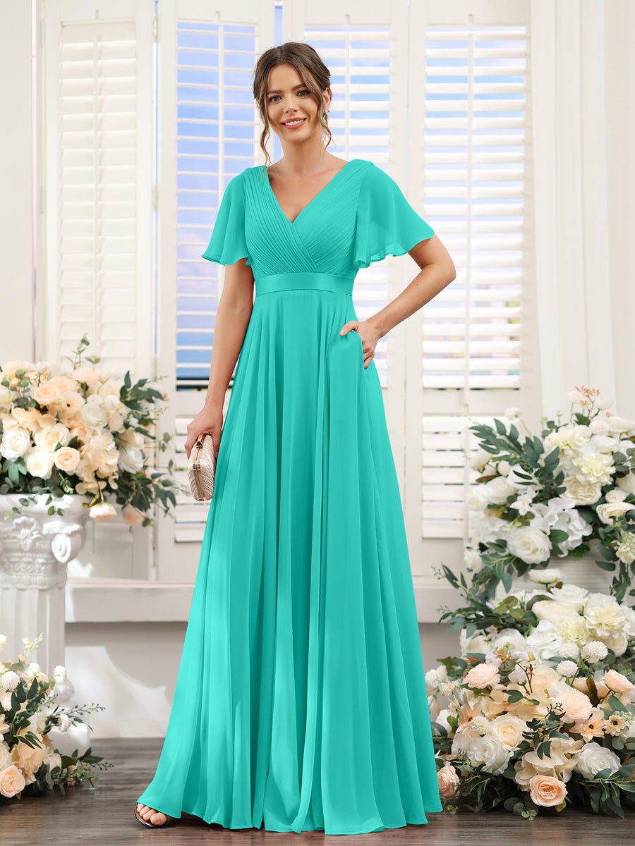 A-Line V-Neck Short Sleeves Chiffon Bridesmaid Dresses with Pockets Turquoise