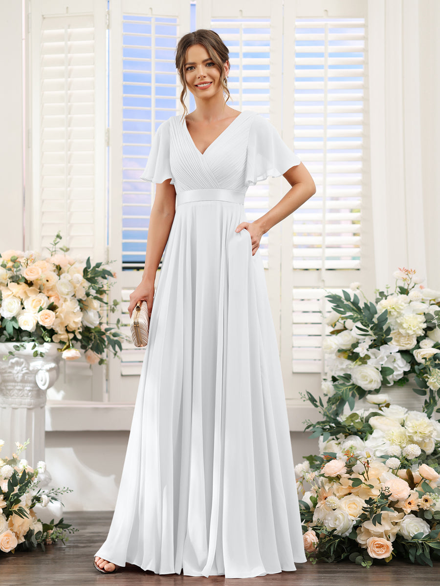 A-Line V-Neck Short Sleeves Chiffon Bridesmaid Dresses with Pockets White