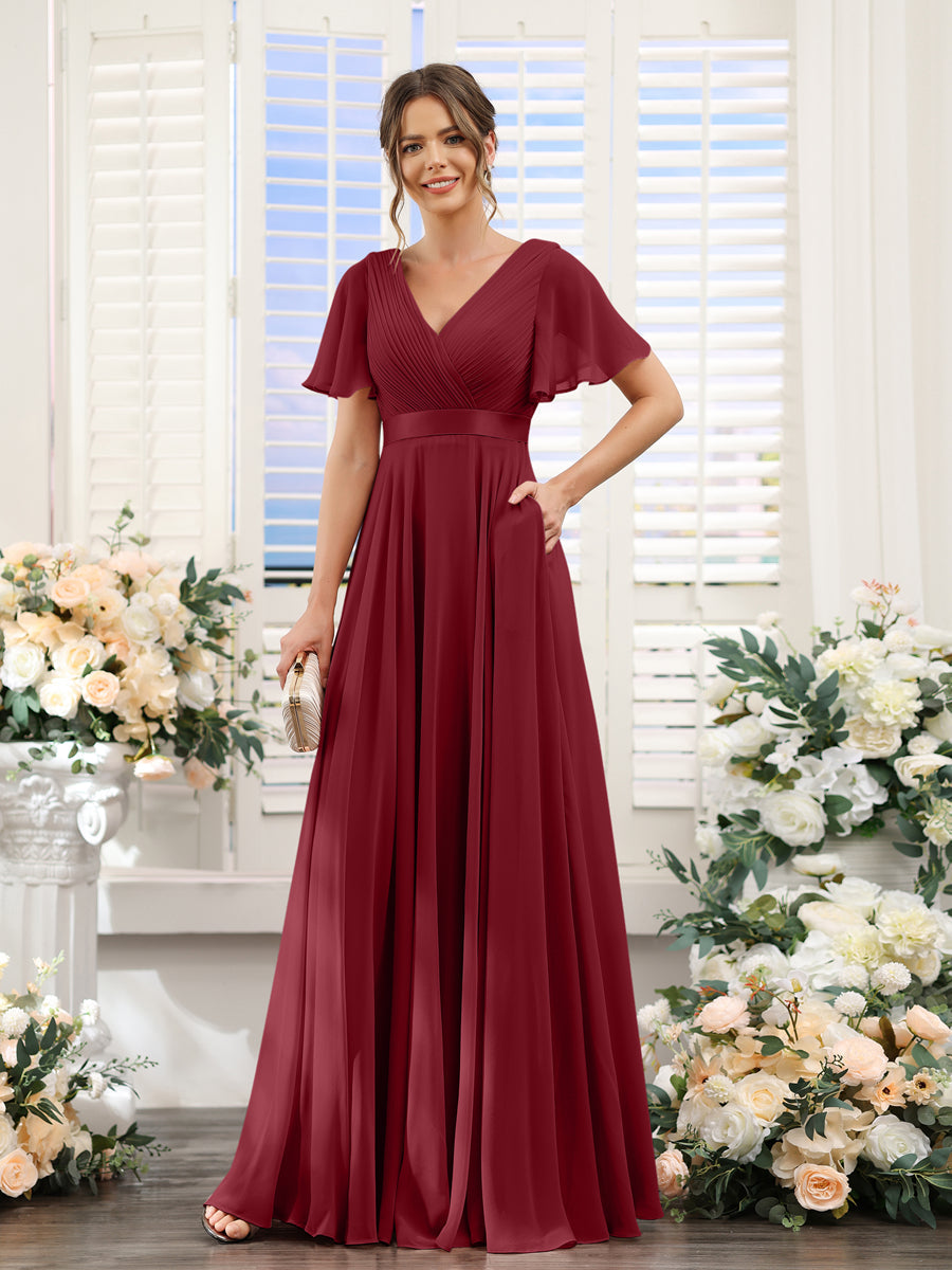 A-Line V-Neck Short Sleeves Chiffon Bridesmaid Dresses with Pockets Wine Red