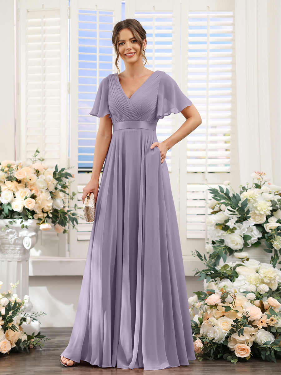 A-Line V-Neck Short Sleeves Chiffon Bridesmaid Dresses with Pockets Wisteria