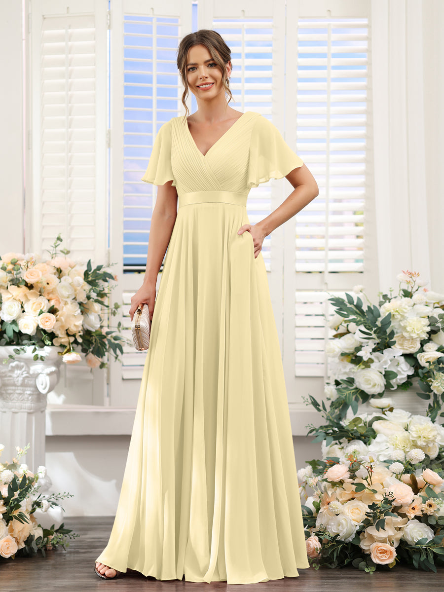 A-Line V-Neck Short Sleeves Chiffon Bridesmaid Dresses with Pockets Yellow