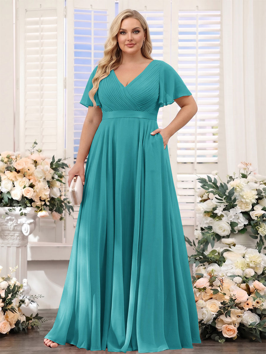 A-Line V-Neck Short Sleeves Chiffon Plus Size Bridesmaid Dresses with Pockets Aqua Blue