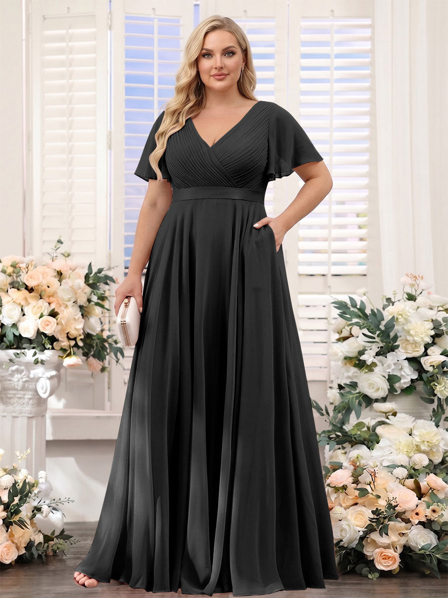 A-Line V-Neck Short Sleeves Chiffon Plus Size Bridesmaid Dresses with Pockets Black