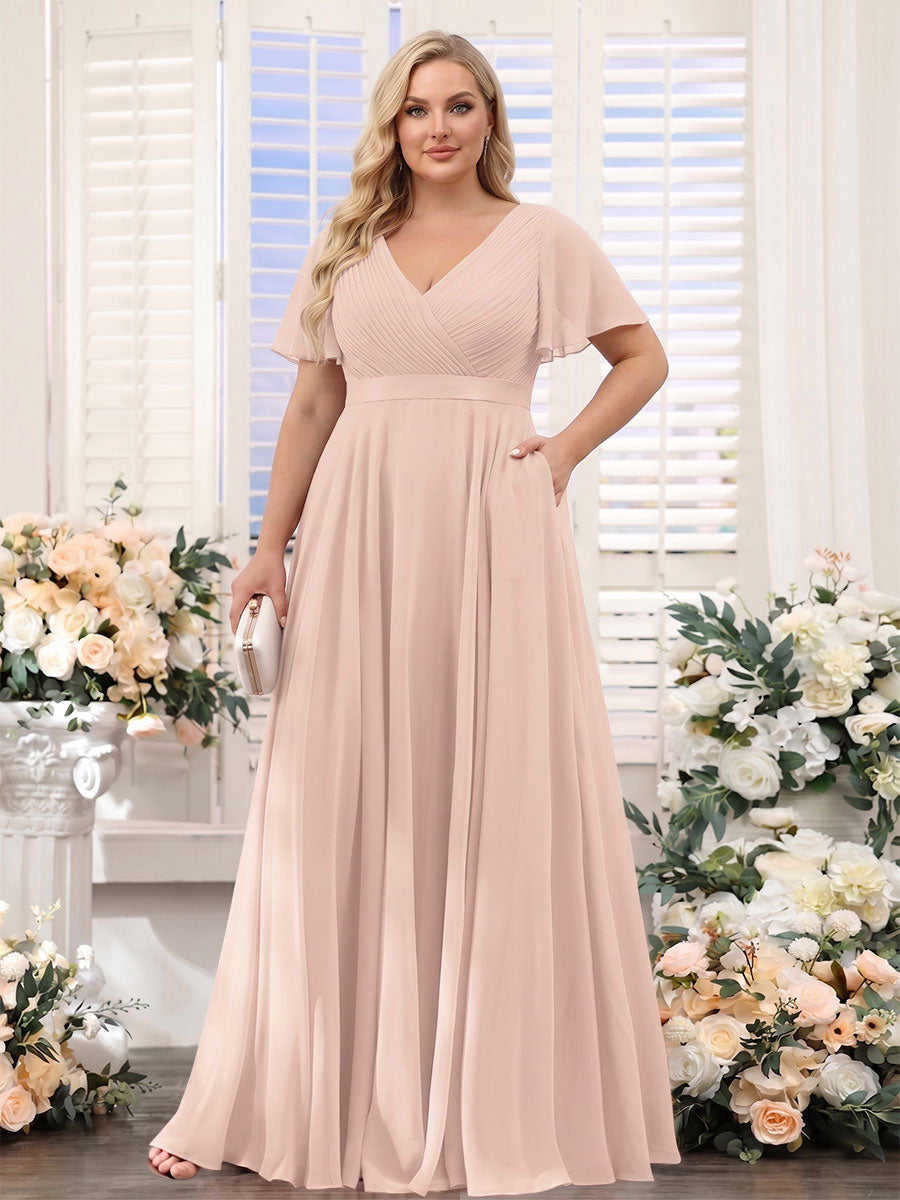 A-Line V-Neck Short Sleeves Chiffon Plus Size Bridesmaid Dresses with Pockets Blush Pink